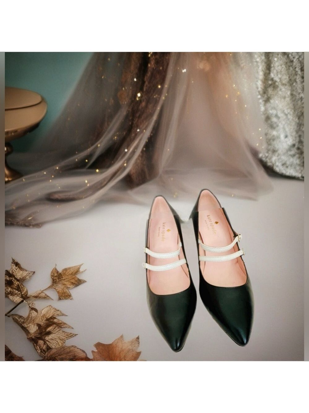 🎉HP🥳 Kate Spade Elpetha Heels in Black w/ Black Sparkle Heel & Cream Dbl Strap - Picture 15 of 16